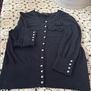 Black Cardigan with Floral Embellishment and Round Neckline